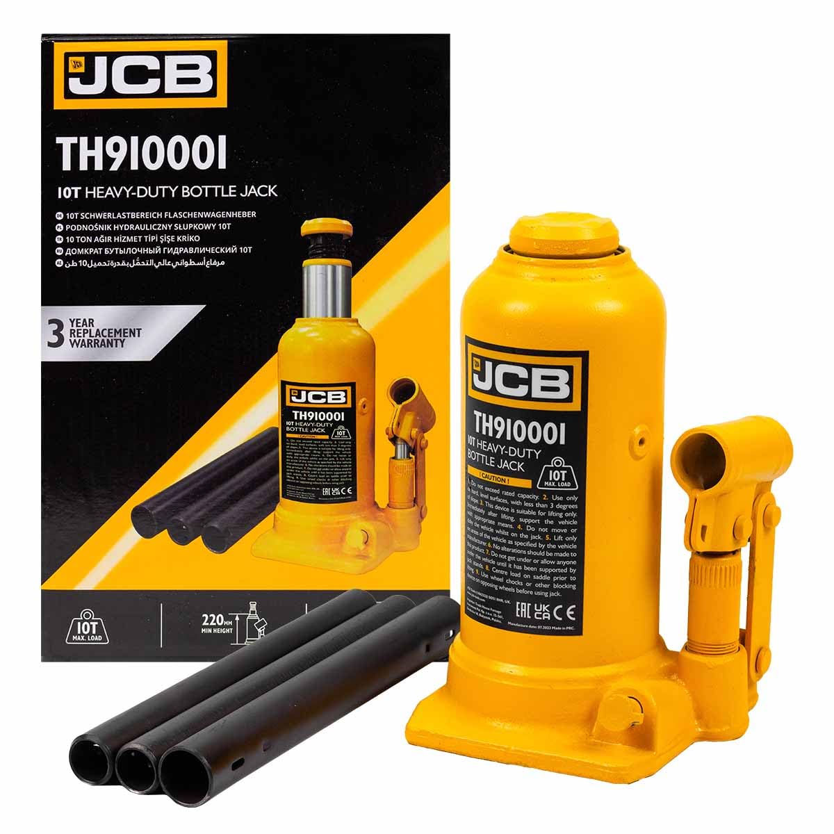 JCB Cric Bouteille hydraulique Automobile Robuste de 10 tonnes, Levage Maximal de 488 mm