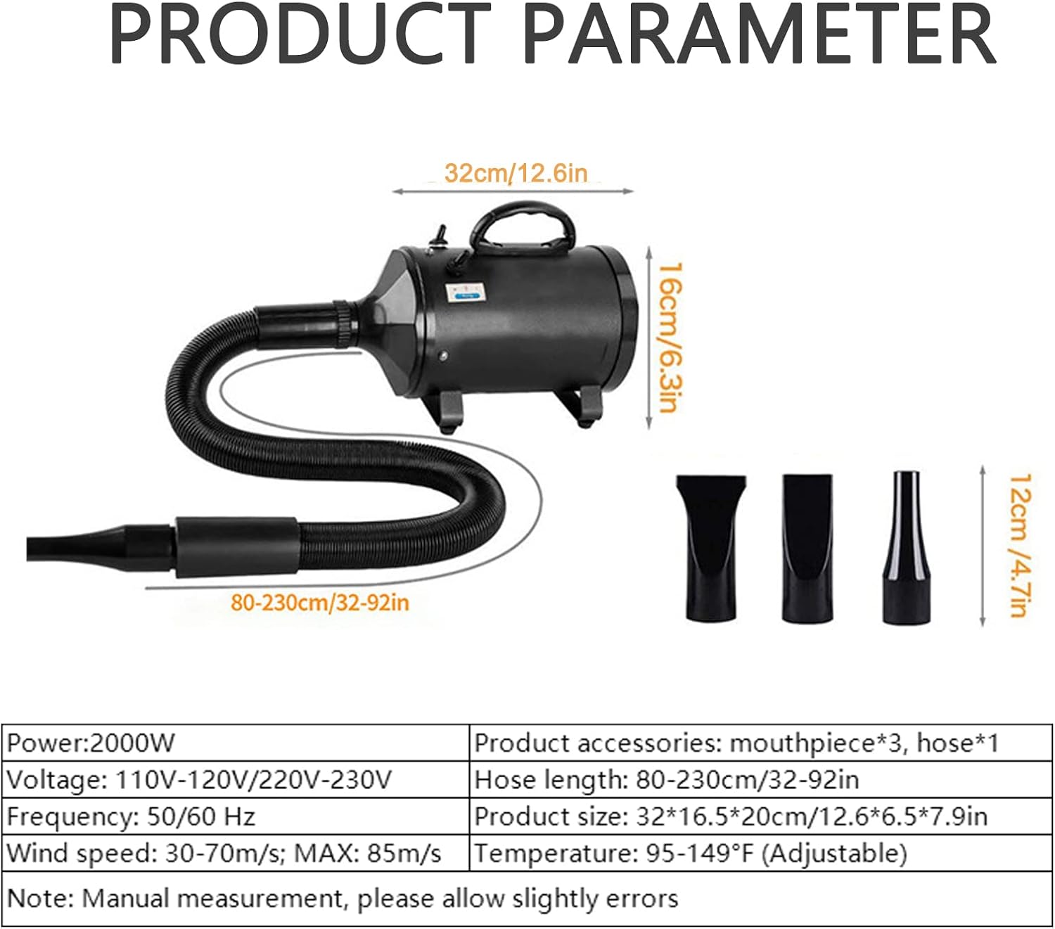 Dog Blow Dryer Grooming High Velocity Pet Dryer for Dogs, Professional Dog Blower Quiet Brush Bathing Wash for Small Medium Large Dogs Cats Pets