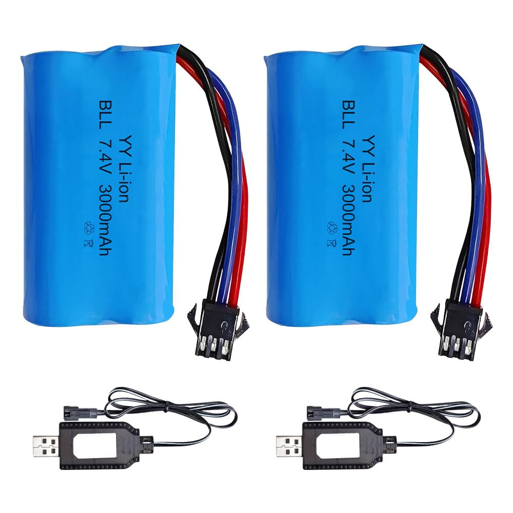 2 Pcs 7.4 V Li-ion Battery, 3000mAh Lithium-Ionen Akku mit SM-3P Stecker, UBS Ladekabel, Wiederaufladbare Battery, Li-Ionen-Akku für RC Fahrzeuge, Panzer, Auto, Roboter, Stunt Car