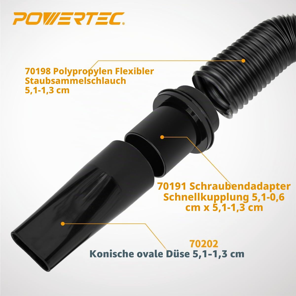 POWERTEC 70208V Staubsammelschlauch-Set, flexibel, 6,4 cm, Schwarz