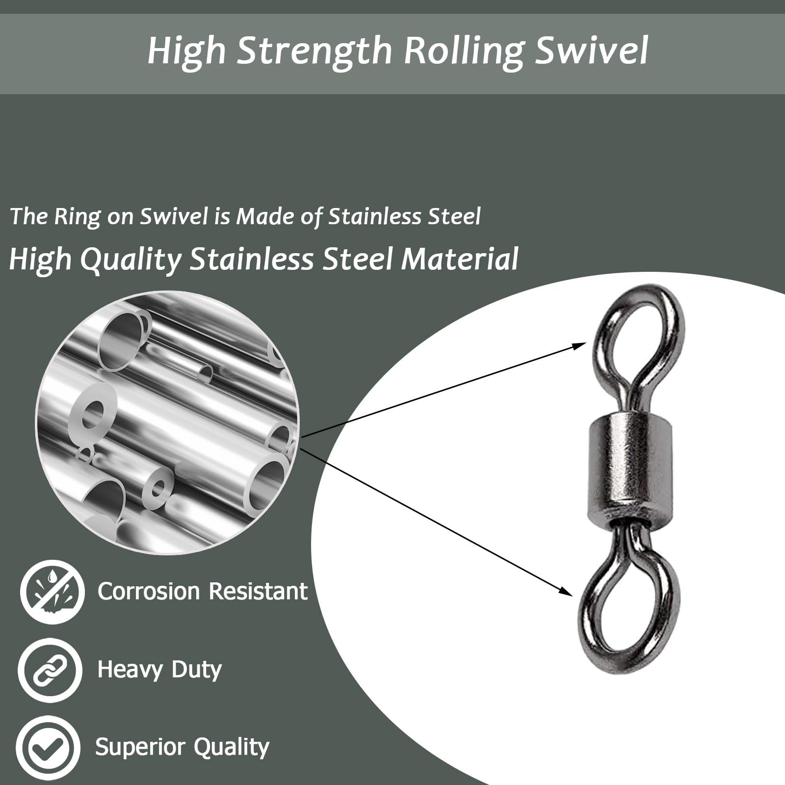 QISHUO Stainless Steel Swivels Fishing Lure Barrel Saltwater Swivel Fishing Strength Quick Change Fishing Swivels Rolling Black Nickel, 50pcs, 96lbs