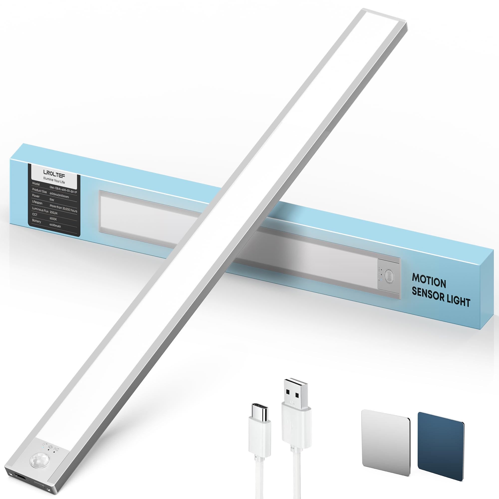 LROLTEF Under Cabinet Kitchen Lights Motion Sensor Dimmable 60cm 4400mAh 6500K LED Under Counter USB-C Rechargeable Wardrobe Sensor Indoor Night Light for Kitchen Shelf Stairs Closet 1 Pack