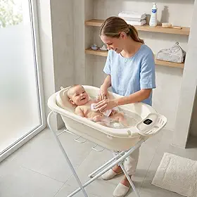 Banheira de Bebê Dobrável em Silicone com Suporte Retrátil Resistente Até 18Kg (Com Encosto e Termômetro)