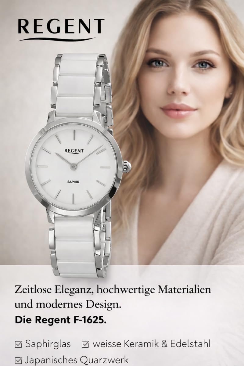 REGENT F-1625 Orologio da donna in acciaio inox argento cinturino in ceramica bianco vetro zaffiro 30 mm quarzo orologio da polso donna