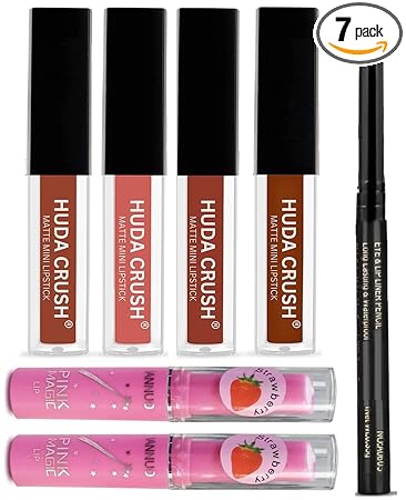 HUDACRUSH BEAUTY 7 in 1 Makeup Combo Kit - Nude Mini Lipstick, 2pcs Pink Magic Lipstick,1 pcs Premium Kajal