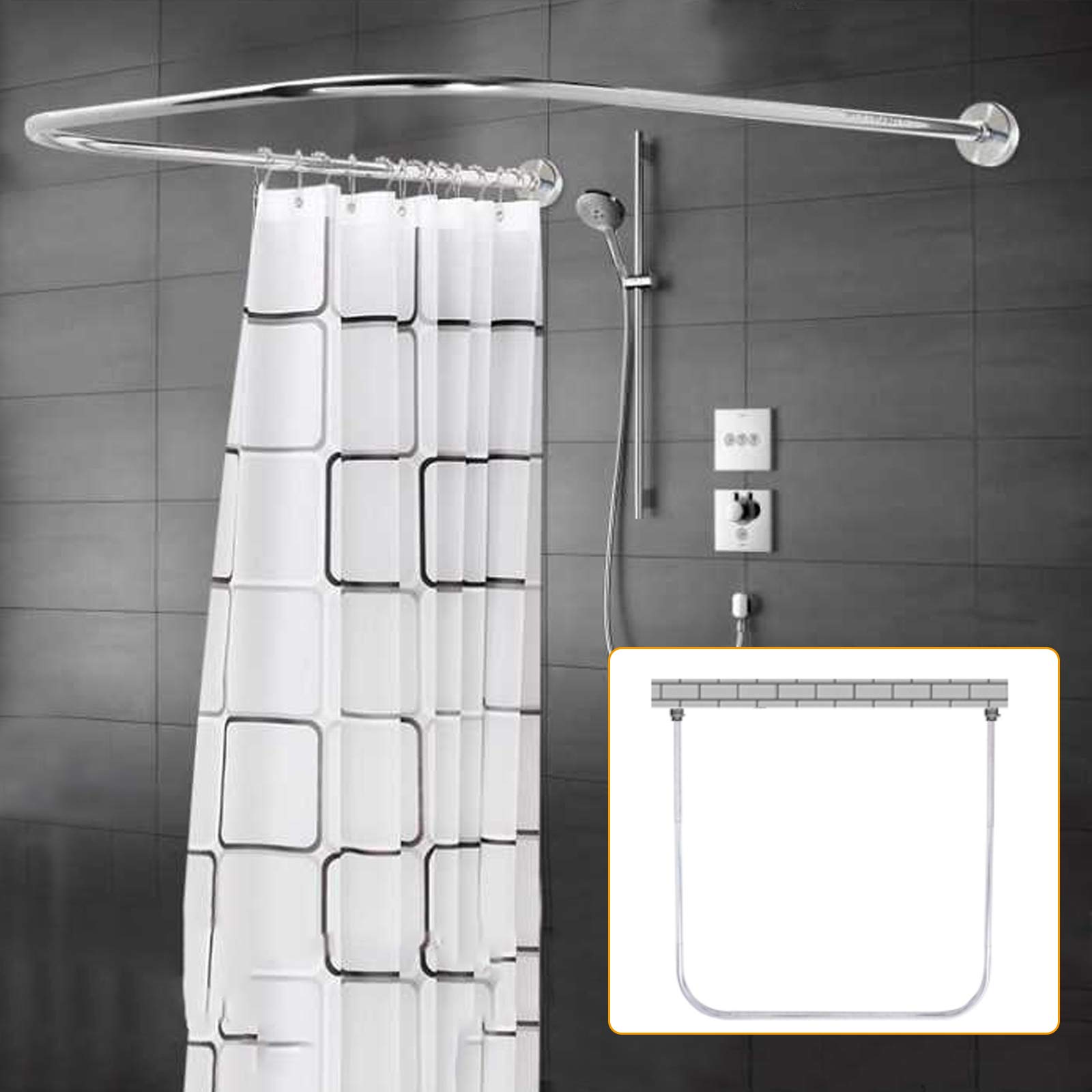 Tringle à rideau de douche, en forme de U, extensible, incurvée, avec rideau, pour salle de bain, cuisine, vestiaire, magasin de vêtements, espace privé, sans perçage