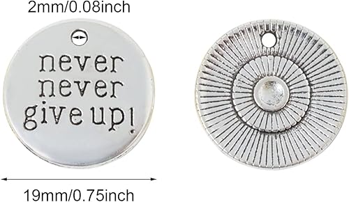Miniatura 2 de Honbay 50 dijes de aleación con palabras inspiradoras redondas que nunca te rindas, para manualidades, aretes, collares, pulseras, manualidades,