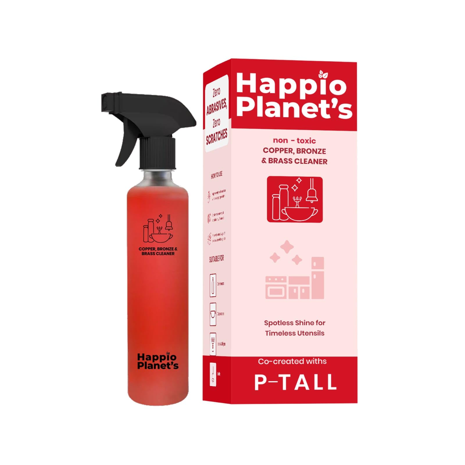 Happio Planet'sCopper & Brass Cleaner Spray | Plant-Based Formula | Removes Tarnish & Restores Shine | Easy Spray & Wipe | For Utensils, Pooja Items, Home Décor (500, Milliliters)