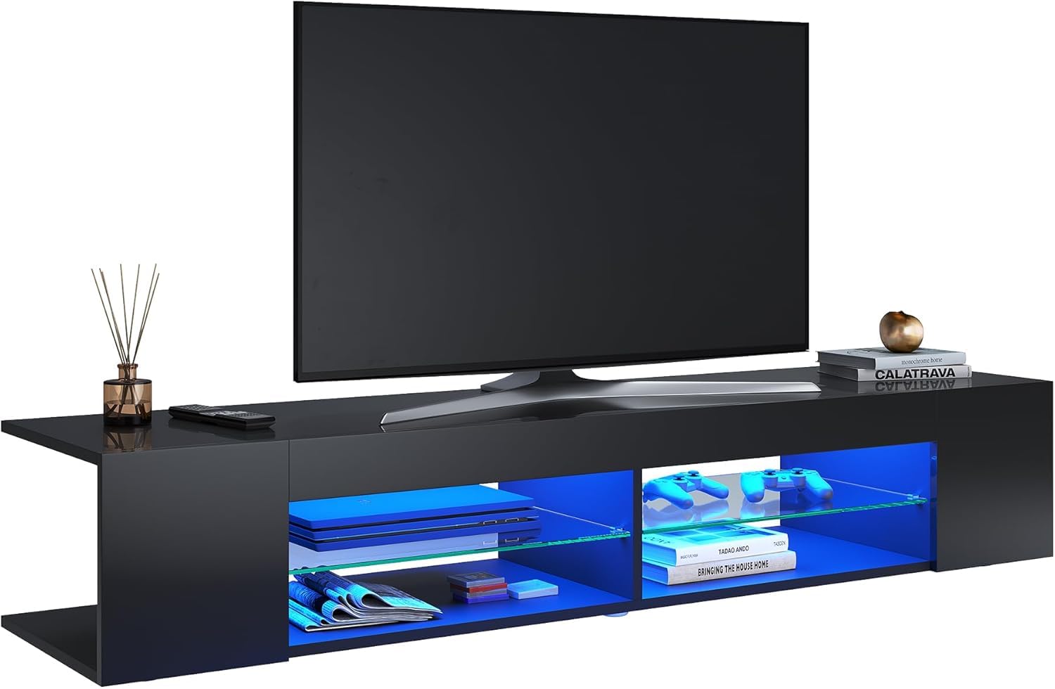 Sonni Meuble TV bas avec éclairage LED (12 couleurs peuvent être réglées) Meuble TV en verre noir 135 x 39 x 30 cm