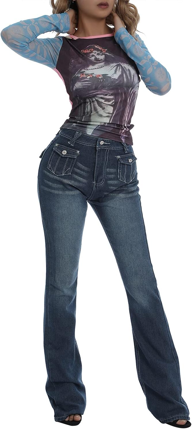Women's Flare Bell Bottom Jeans Y2K Vintage Low Rise Stretch Bootcut Jeans Casual Wide Leg Denim Pants Streetwear - Image 4