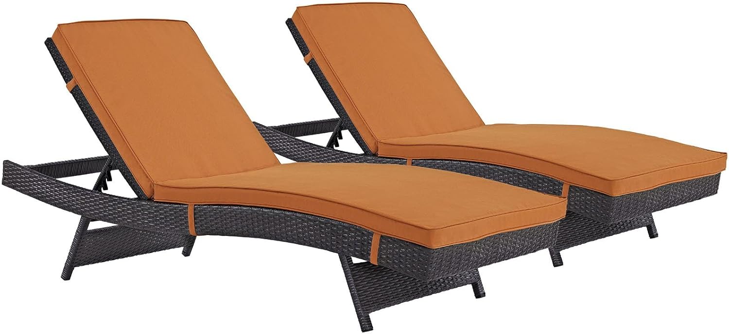 Pemberly Row Modern Patio Chaise Set of 2, Rattan/Aluminum Construction, Orange Cushions, Espresso Finish, Water & UV Resistant, Reclining Design Outdoor Loungers for Patio, Backyard, Poolside Use