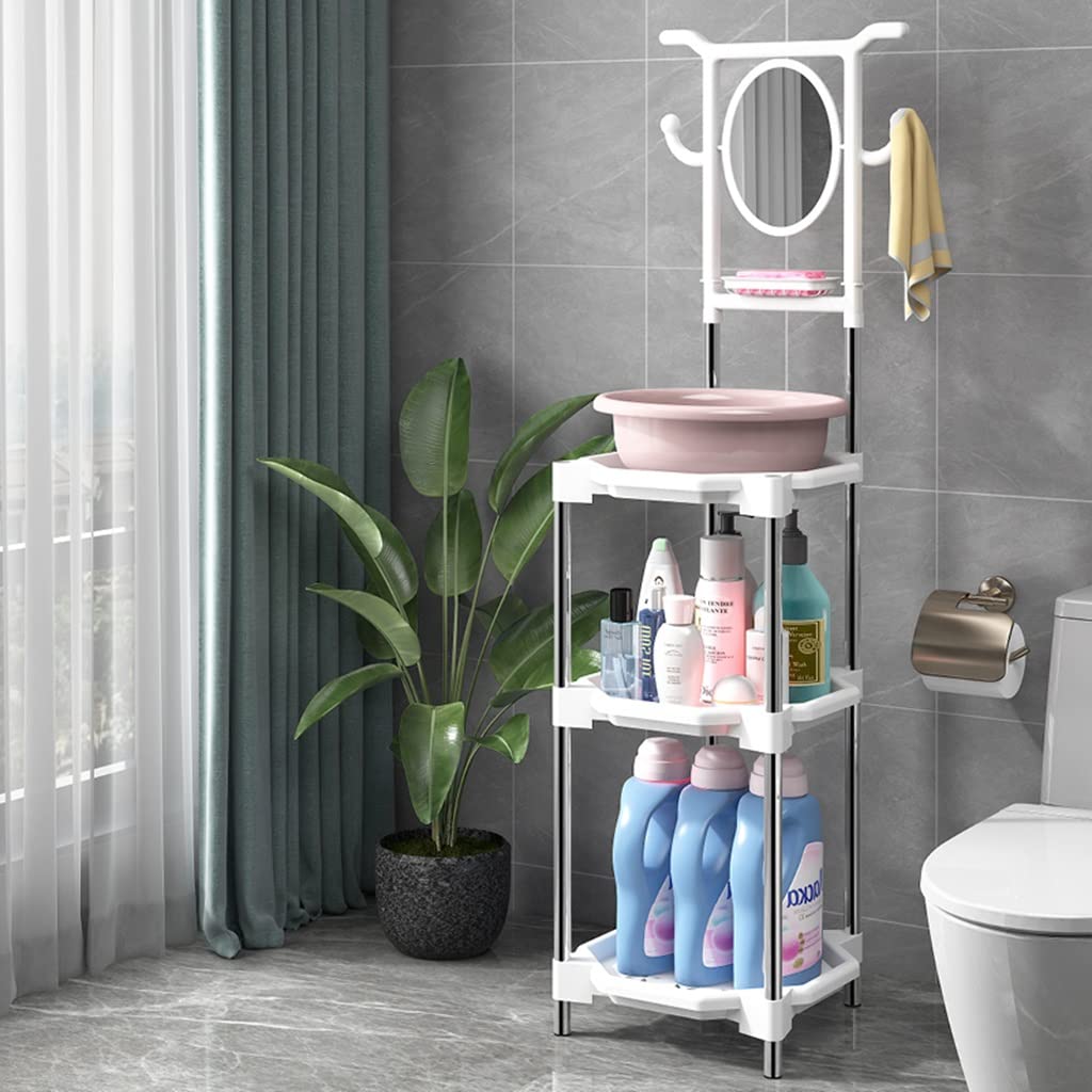 Amazon｜360°回転ミラー付き洗面台棚、3段収納棚、フック2個、床から