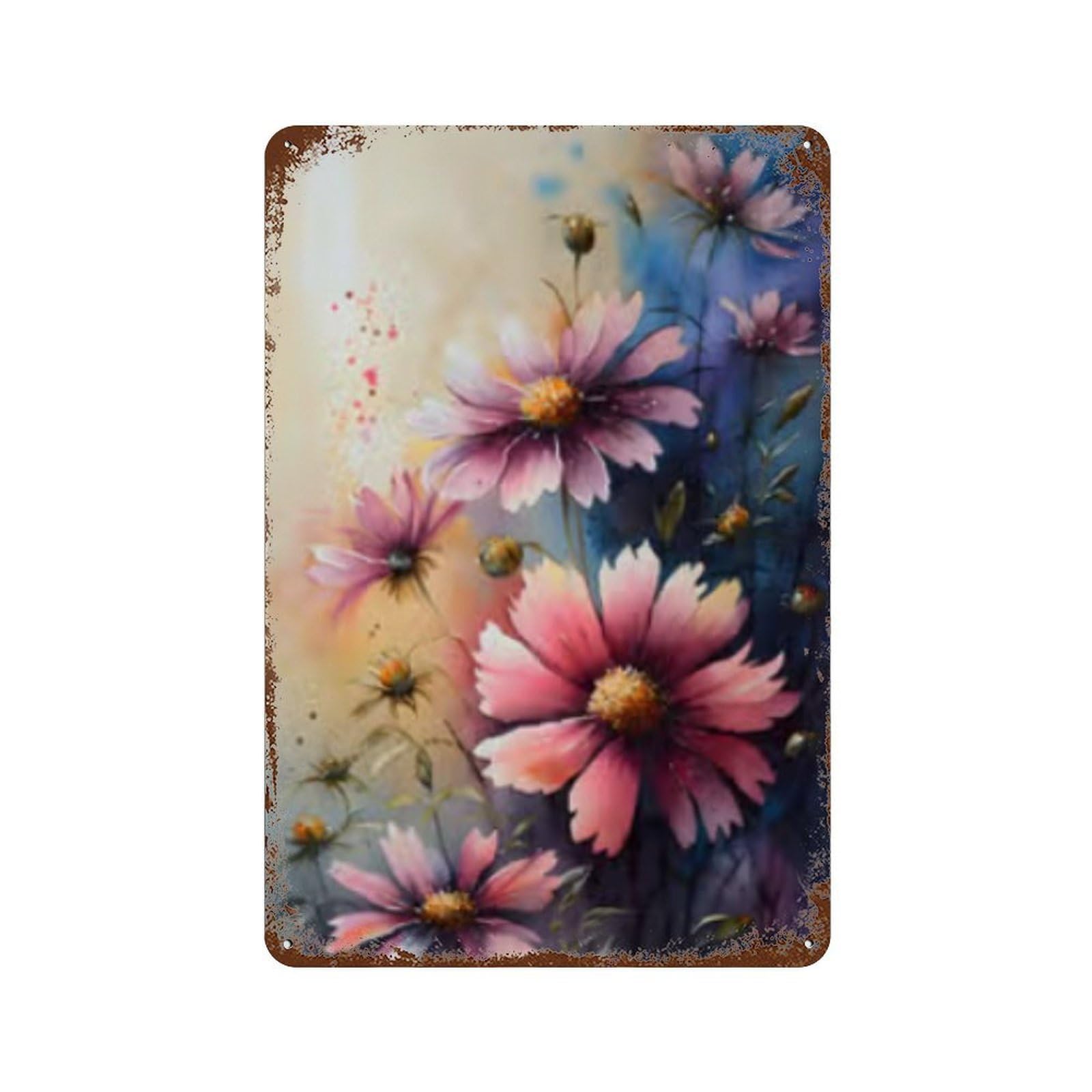 Pink Flower Bouquet Painting 11.8"x7.9" Distressed Metal Wall Sign, Shabby Chic Decor for Shed, Workshop And Garage Wall Decor