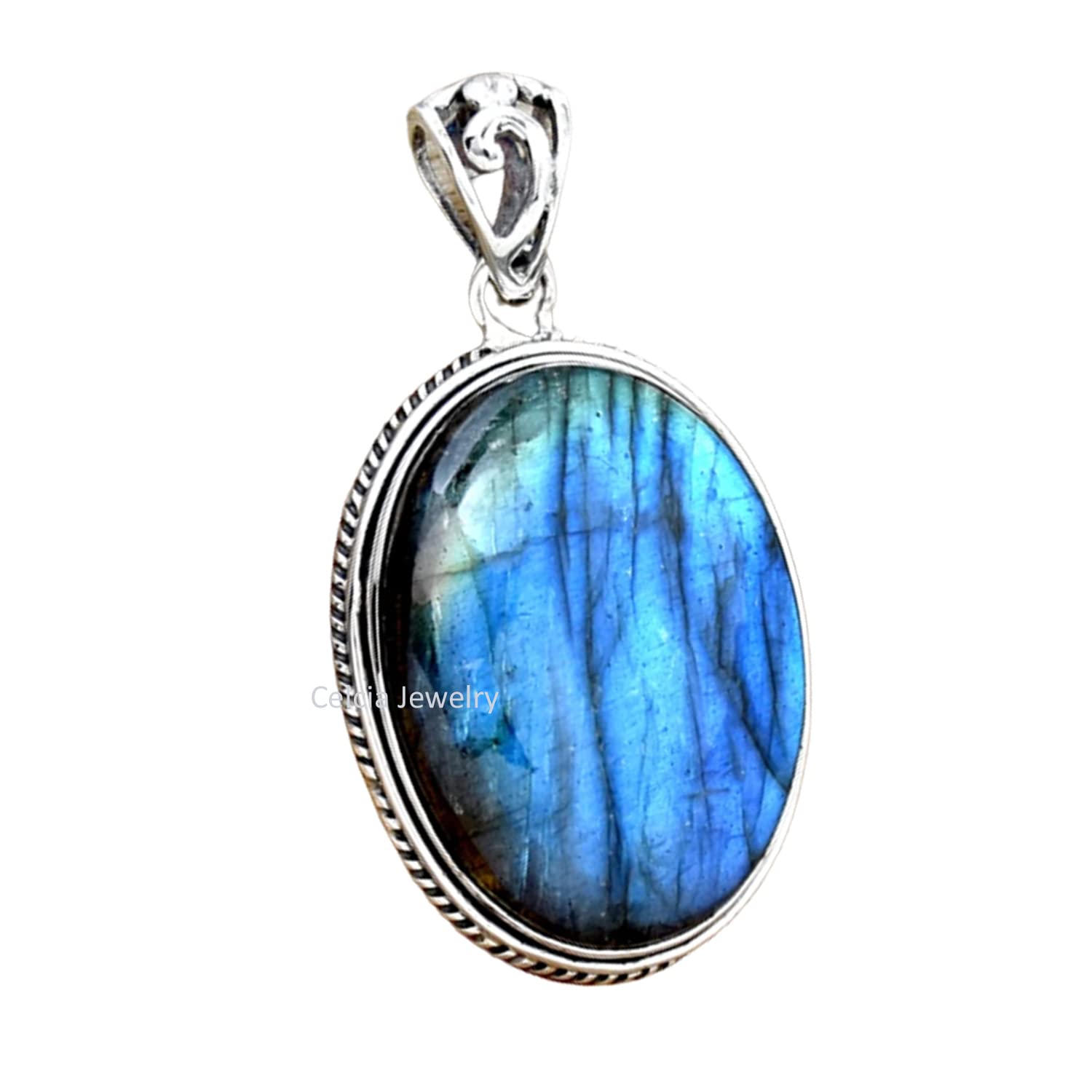 Massiver 925er Sterlingsilber-Anhänger für Männer und Frauen, natürlicher Labradorit-Cabochon, ovaler blauer Feuer-Edelstein, einzigartiger handgefertigter Schmuck für Sie und Ihn