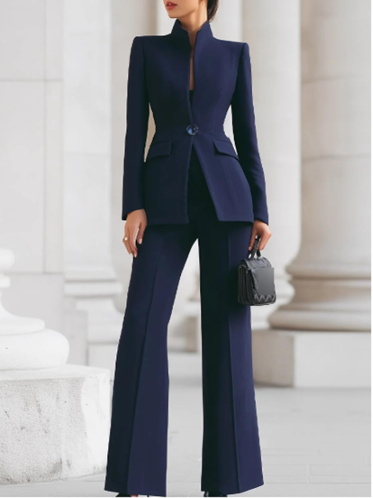 Conjunto De Traje De Temperamento Femenino: Blazer De Corte Entallado con Cuello Alto y Pantalones De Pierna Recta, Set De 2 Piezas