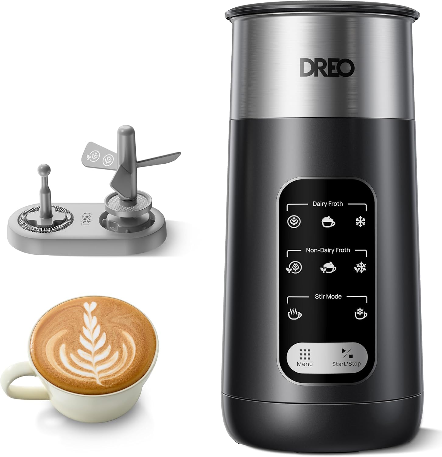 Dreo 8 in 1 Electric Whisk for Latte Art Coffee, 9 oz / 270 ml Hot and Cold Foam Whisk, Automatic Milk Warmer for Dairy and Non-Dairy Milk with LED, Easy to Clean BaristaMaker Air