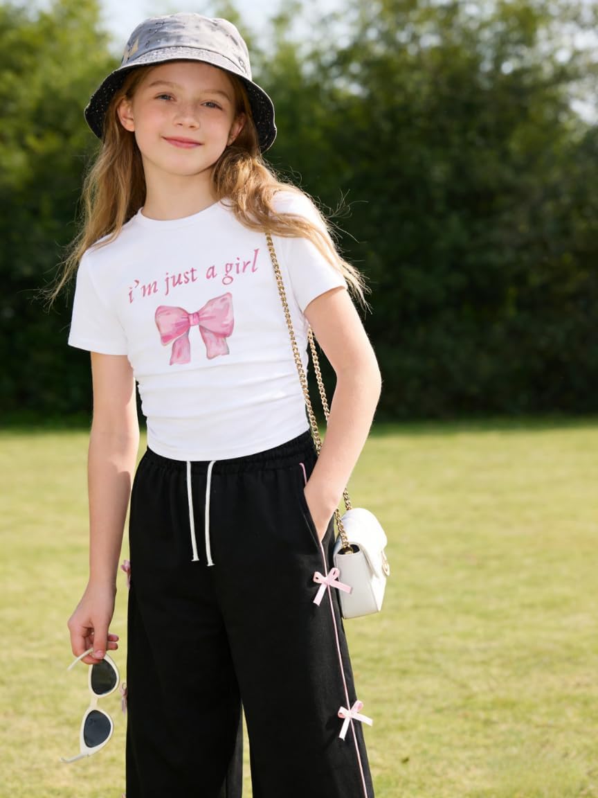 Tween Girls Clothes Short Sleeve Graphic T-Shirt Top + Bow Knot Pants 2 Piece Outfit Set, Size 7-14Years - Image 3