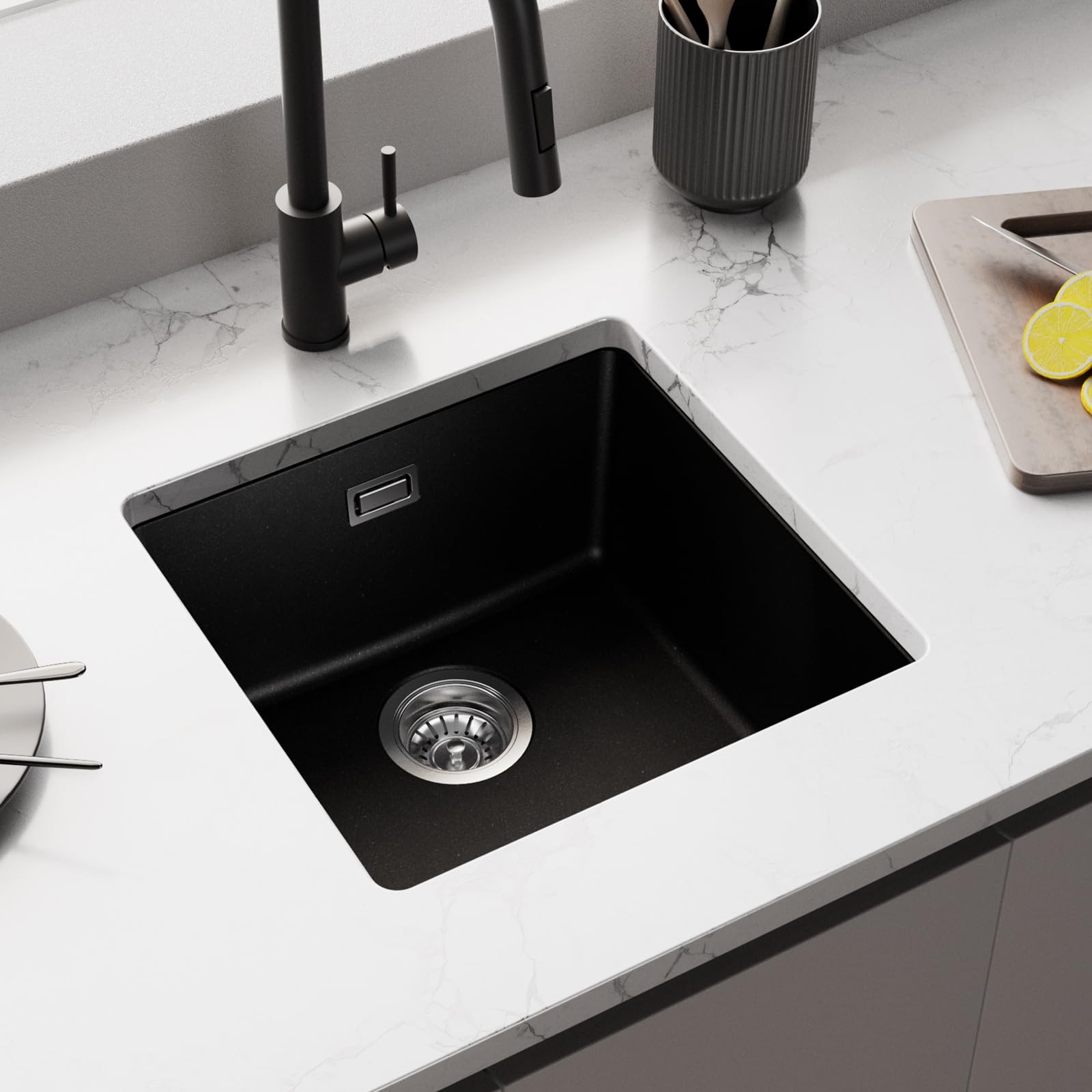 Auralum Lavandino Cucina 45 x 44 cm, Lavello Cucina 1 Vasca, Lavabo Nero in Granito con Sifone Classico e troppopieno, Adatto a Mobili Oltre 45cm