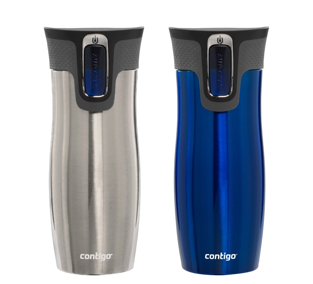 Contigo AUTOSEAL West Loop Stainless Steel Travel Mug with Open-Access Lid, 16-Ounce, Silver/Blue, Set of 2