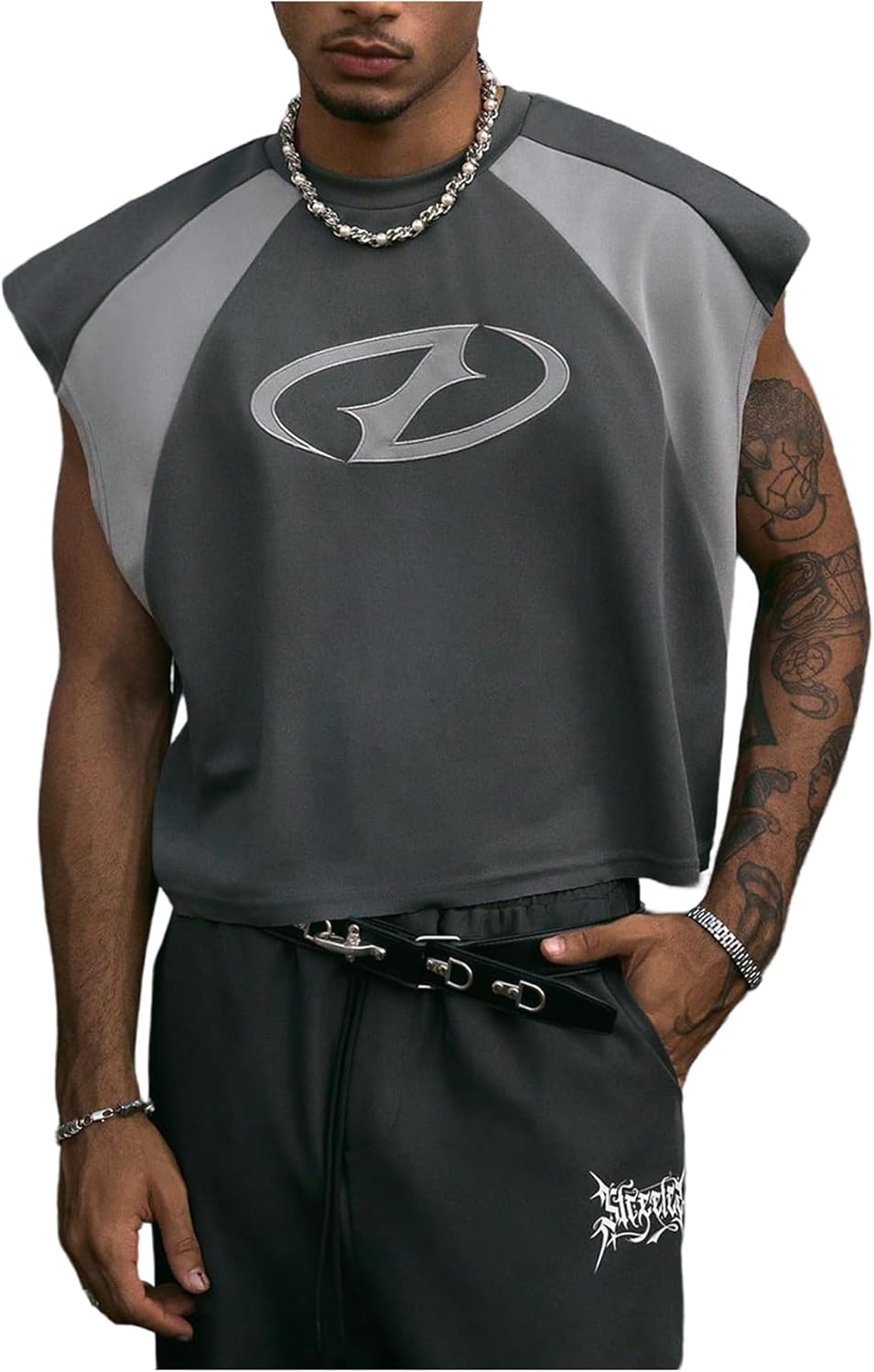 GORGLITTER Men's Y2k Cropped Tank Top Graphic Dolman Sleeve Boxy Oversized Streetwear Crop Top Tee Shirts Rave Outfits