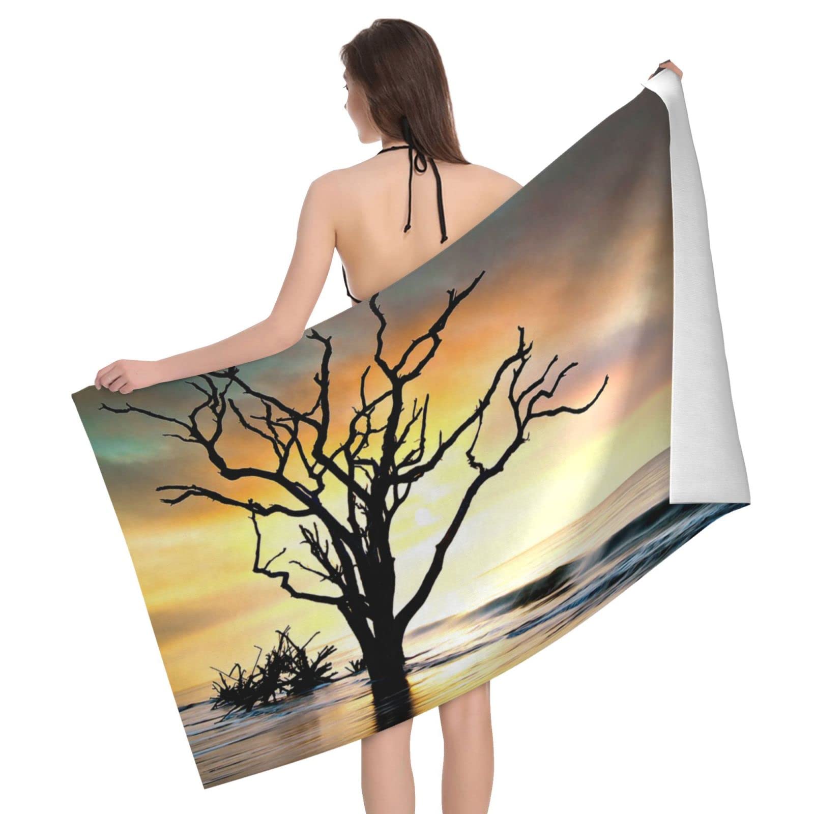 Lawenp Sunset Tree Beach Towel, Lightweight Sand Free Quick Dry Microfiber Absorbent Bath Towel for Kids, Adults, Swimming, Bath, Yoga, Pool, Travel, Camping 32"X52"