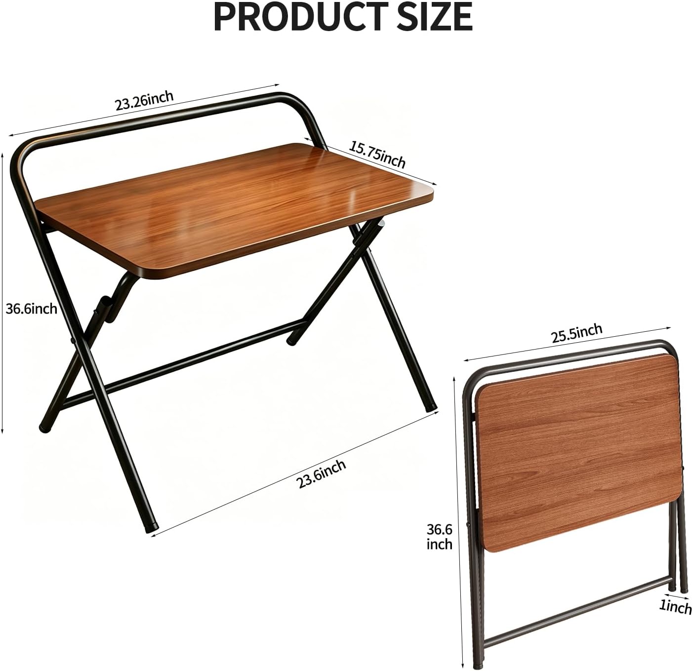 Folding Table, Small Computer Desk, Foldable Desk for Bedroom, Mini Desk for Home Office&Study, 24x16 Inches, No Assembly Required, Wood Top with Mental Frame, Dark Brown