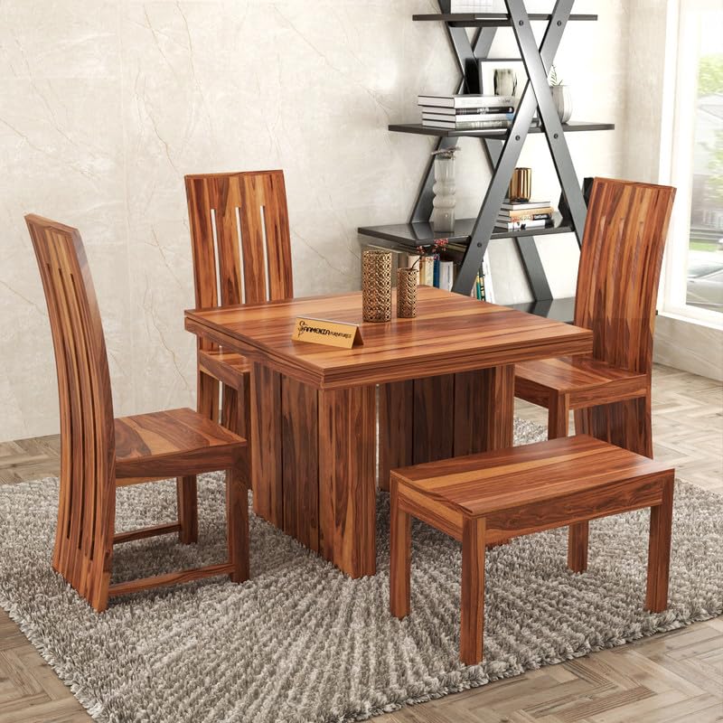 Image of Solid Sheesham Wood Dining Room Sets 4 Seater Dining Table with 3 Chairs & 1 Bench for Dining Room, Living Room, Kitchen, Hotel, Restaurant, Cafeteria (Estra, Honey)