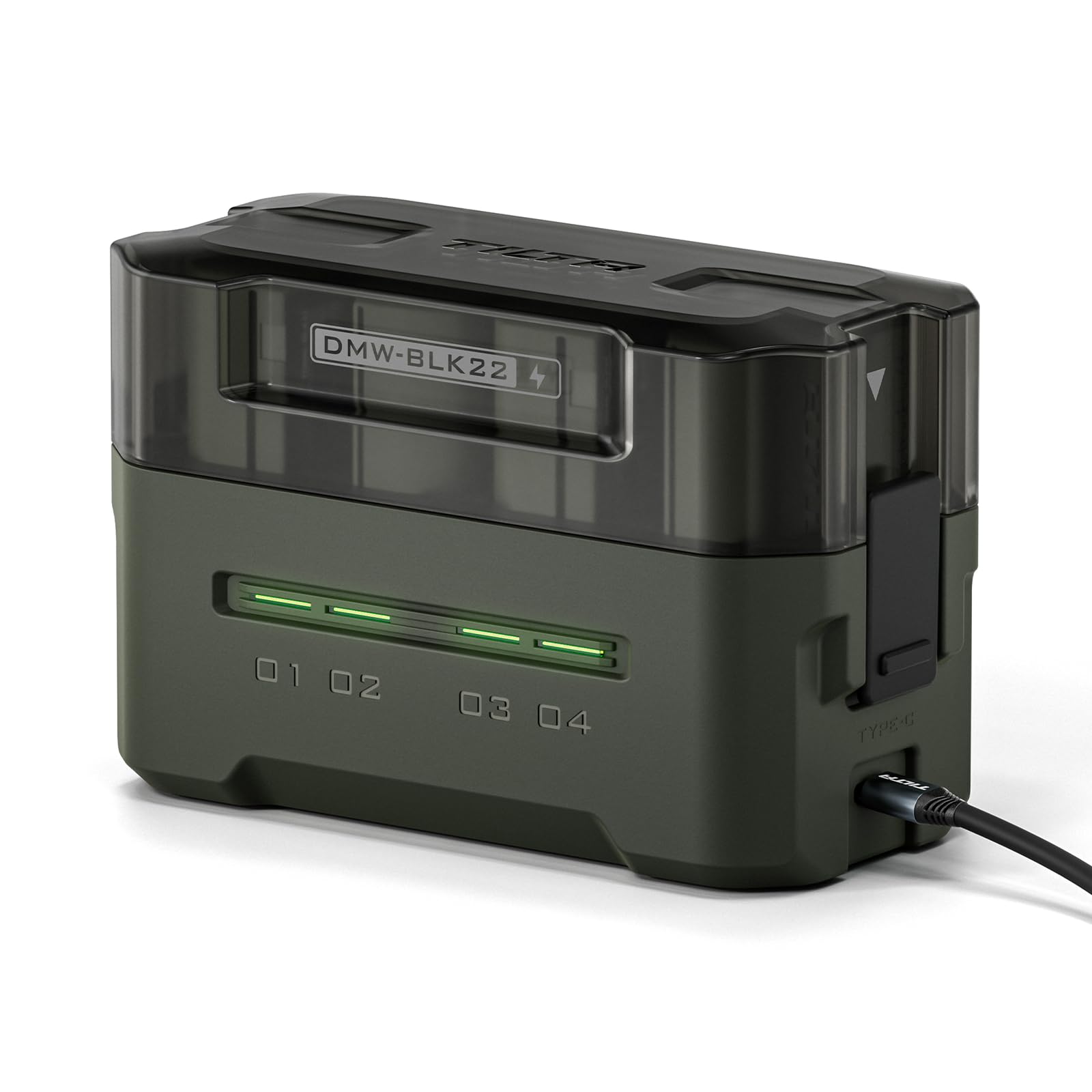 Tilta DMW-BLK22 Caricabatterie Custodia di Ricarica a 4 Canali Compatibile con Batterie DMW-BLK22, Stazione di Ricarica Portatile - Verde TBC-BLK22-GN