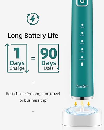 Miniatura 6 de 7AM2M Cepillo de dientes eléctrico sónico con 6 cabezales de cepillo para adultos y niños, una carga durante 90 días, carga rápida inalámbrica, 5