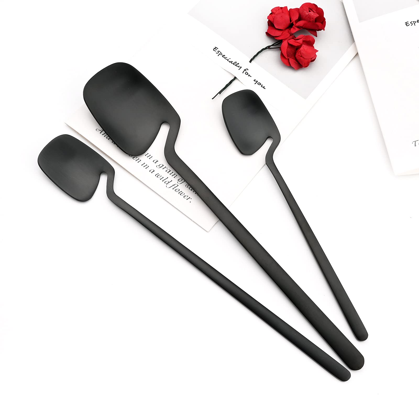 Snplowum 6Pcs Matte Black Dinner Spoon, 7.48-inch Hangable & 18/10 Stainless Steel Dessert Soup Tablespoons
