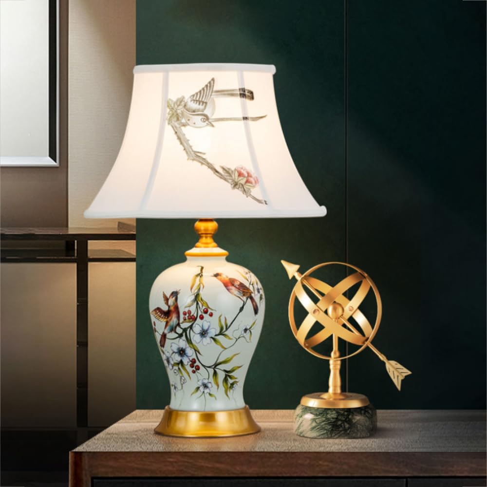 XINYASEE Lampade da tavolo in ceramica, lampada da tavolo per camera da letto con vaso a forma di uccello e fiore, lampada da comodino per soggiorno E27, paralume in tessuto (Bianco)