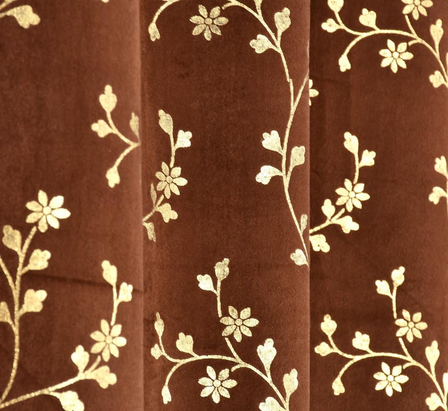 Image of Heavy Velvet Fabric Luxury Looks Room Darkening Floral Designer Curtains 6 Feet for Window, Brown, Pack of 2 Pieces