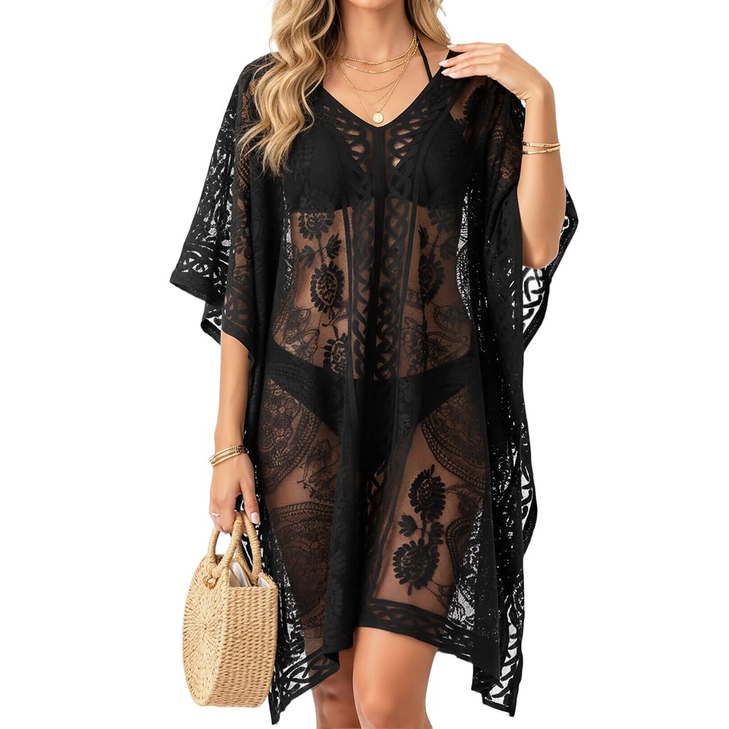 Elegant Lace Beach Cover Up for Women, Bathing Suit Cover Up, V-Neck Swimsuit Coverup for Poolside, Seaside and Party-Black