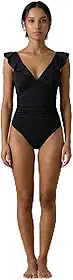 Maiô Preto 94% Poly + 6% Elástica | Modelo Decote V com Babados nas Alças e Controle de Barriga | Alças Ajustáveis para Praia e Piscina