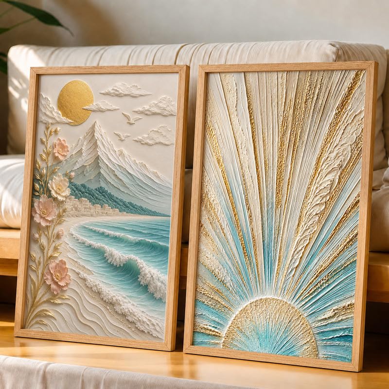 Image of NoWorries Coastal Sunrise Wall Painting Set of 2 with Frame | Textured Sunburst & Beach Landscape Artwork, Ocean Mountain Floral Nature Wall Decor for Living Room, Bedroom, Office and Home Decoration (Art-3, 25x37inch)