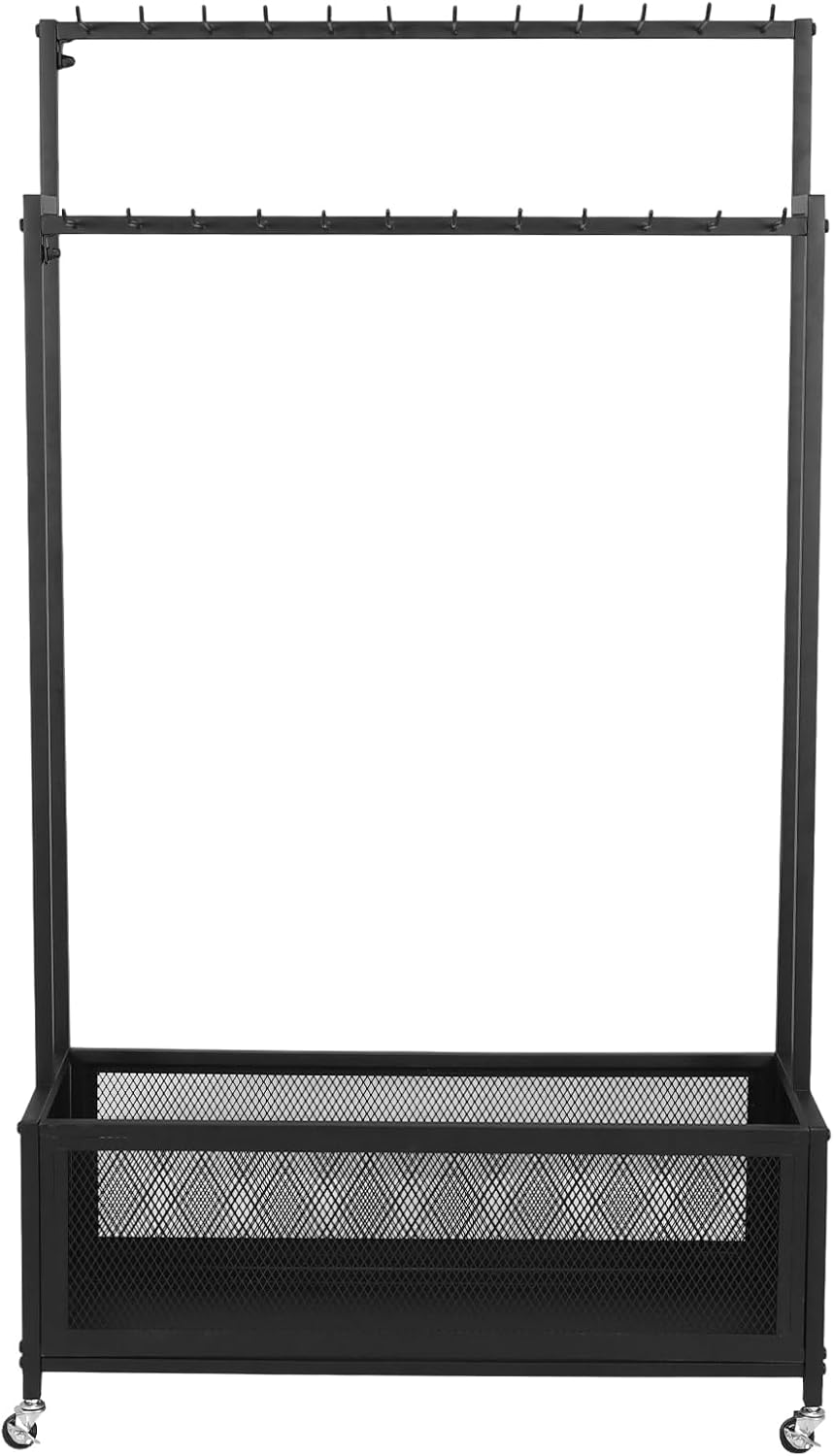 2-Tier Large Capacity Floor Standing Tie & Belt Organizer with Wheels Multi-Hook Display Rack for Bedroom Store & Clothing Retail Use