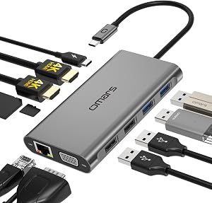 Omars USB C Docking Station Triple Display 11 in 1 USB C Hub Dual HDMI Multiport Laptop Adapter with 2x4K HDMI,VGA,Gigabit Ethernet,100W PD+4xUSB-A+SD/TF for Dell/HP/Lenovo/MacBook M1 M2/iPhone 15