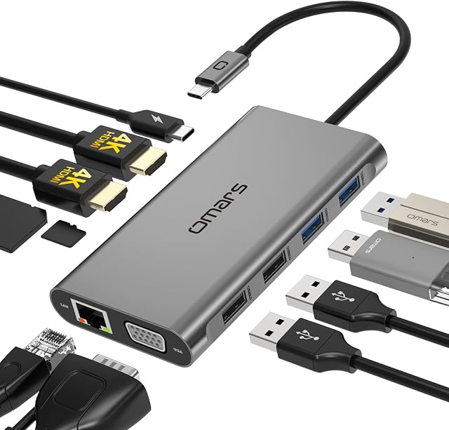 Omars USB C Docking Station Triple Display 11 in 1 USB C Hub Dual HDMI Multiport Laptop Adapter with 2x4K HDMI,VGA,Gigabit Ethernet,100W PD+4xUSB-A+SD/TF for Dell/HP/Lenovo/MacBook M1 M2/iPhone 15