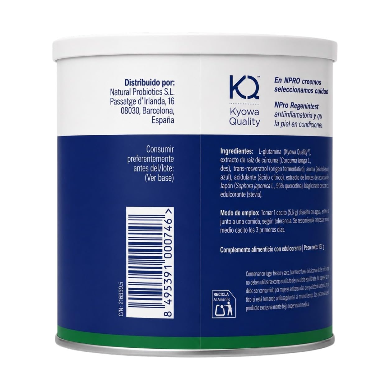 NPro SALUD INTESTINAL Regenintest 167g Polvo Sabor Cítrico | L-Glutamina Kyowa®, Carnosina, Cúrcuma, Trans-Resveratrol y Zinc, Protege y Regenera Mucosa Intestinal