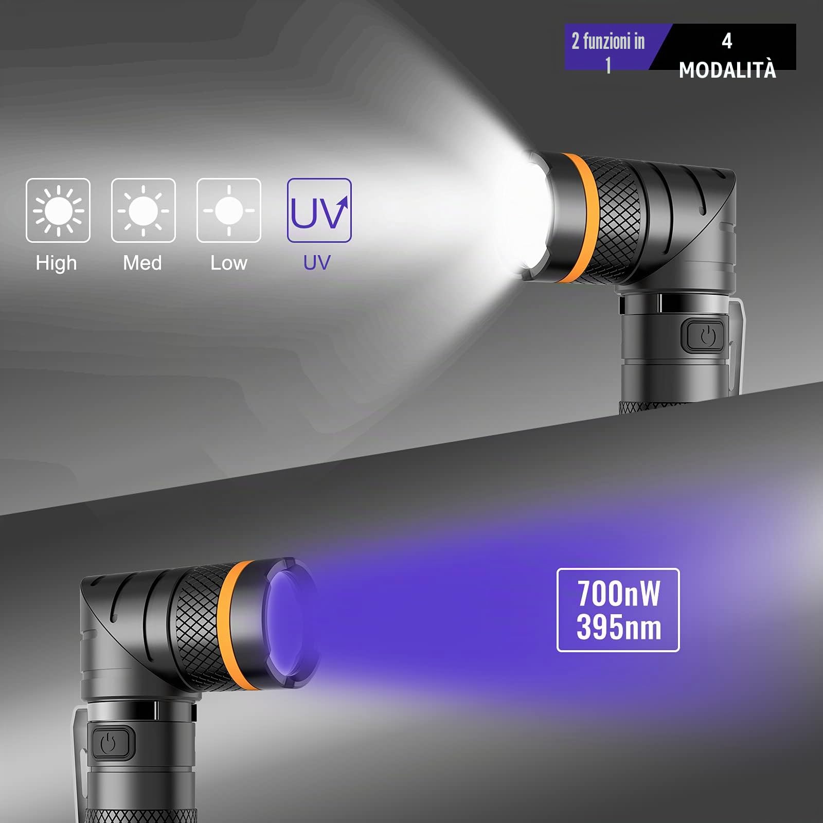 NICRON B75 Torcia LED ricaricabile UV 1000 lumen 395nm Ultraviolet, 90 gradi 4 modalità torcia con base magnetica IP65 impermeabile per campeggio all'aperto passeggiate notturne