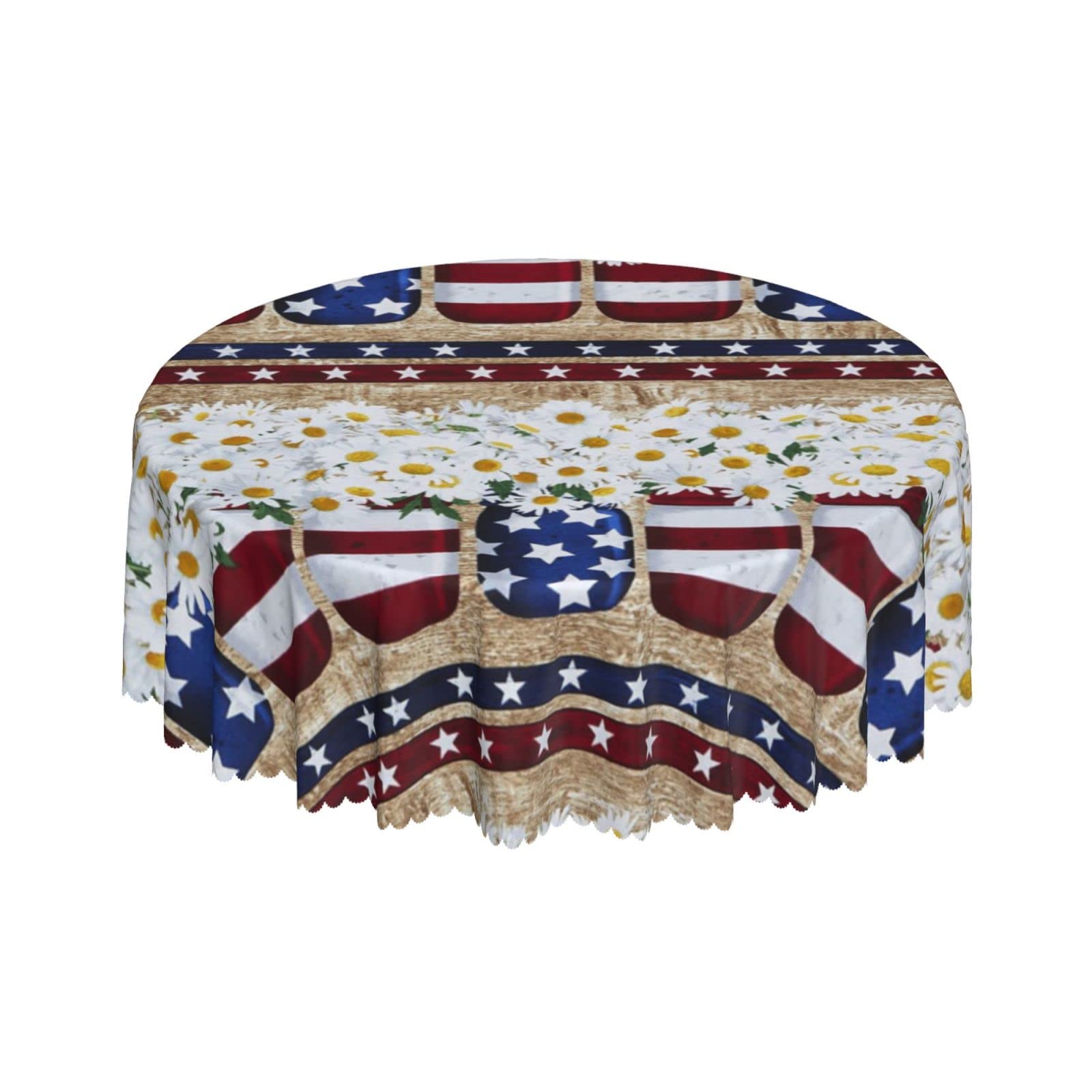 Lsjuee Daisy White Patriotic Star Round Tablecloth 60 Inch Printed Washable Tablecloth for Dining Party Holiday Fall Home Decorative