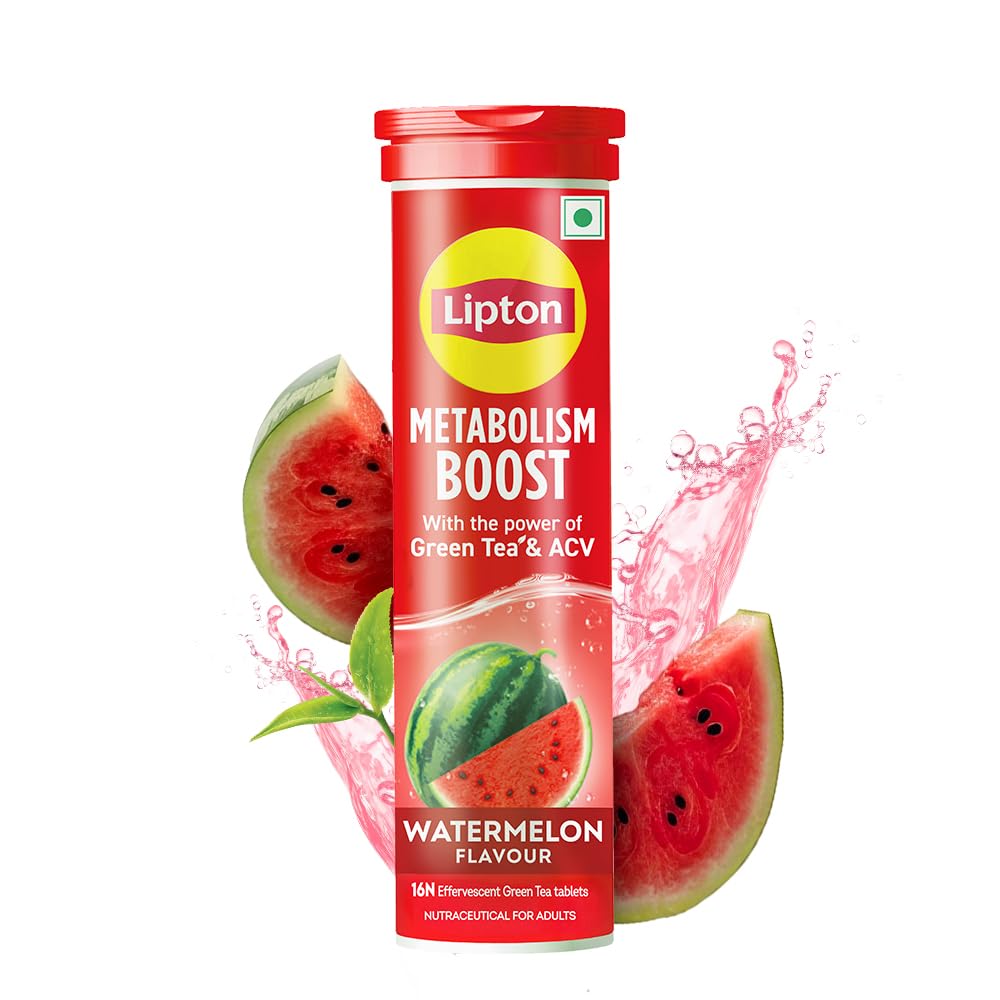 Lipton Metabolism Boost with 150mg Green Tea Catechins and 50mg ACV (Apple Cider Vinegar) | For Weight Loss & Fat Burn | Zero Calories | 16N Effervescent Tablets | Watermelon Flavour