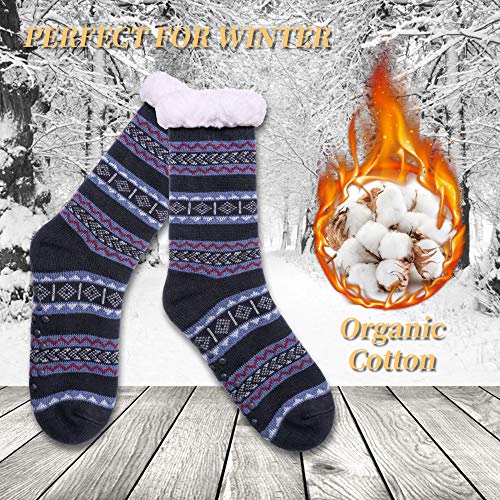 Lanleo Men's Fuzzy Ripple Slipper Socks Super Soft Warm Fleece Lining Knit Non Slip Winter Socks Dark Blue #TOP2