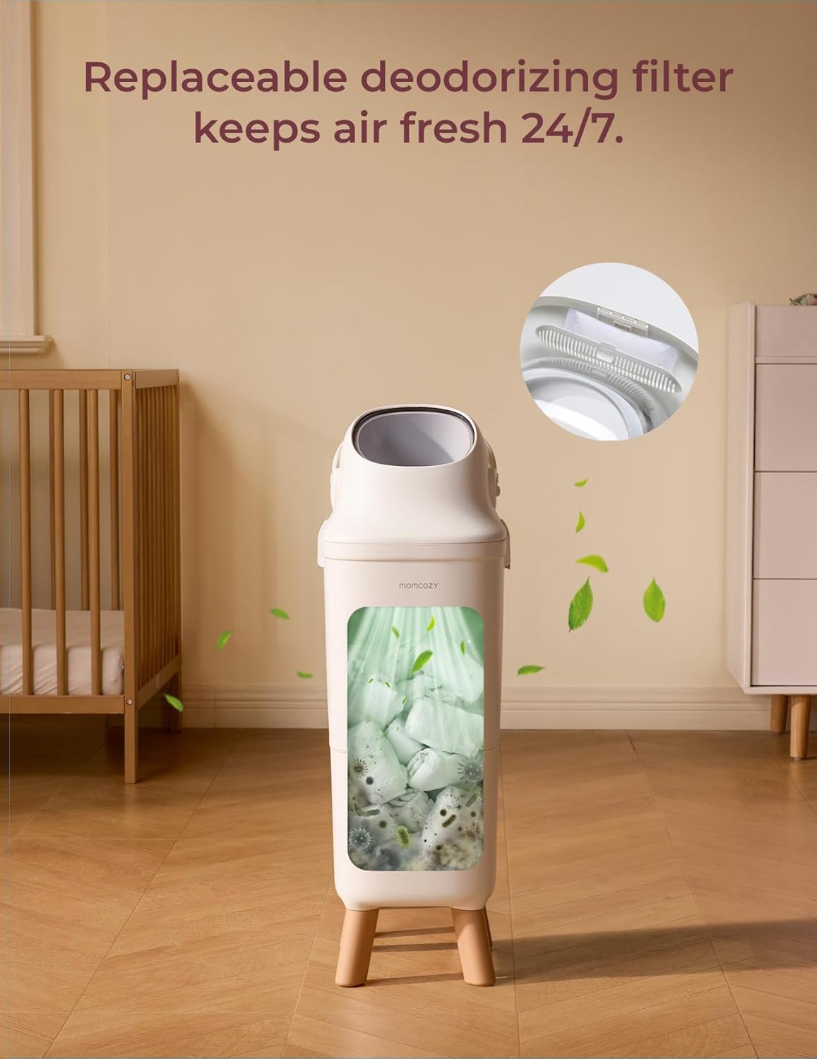 Momcozy Diaper Pail with Patented Triple-Seal Odor Control, Wide Opening, Ergonomic Height, Large Capacity with Viewing Window, Childproof Lock, Fits Standard Trash Bags