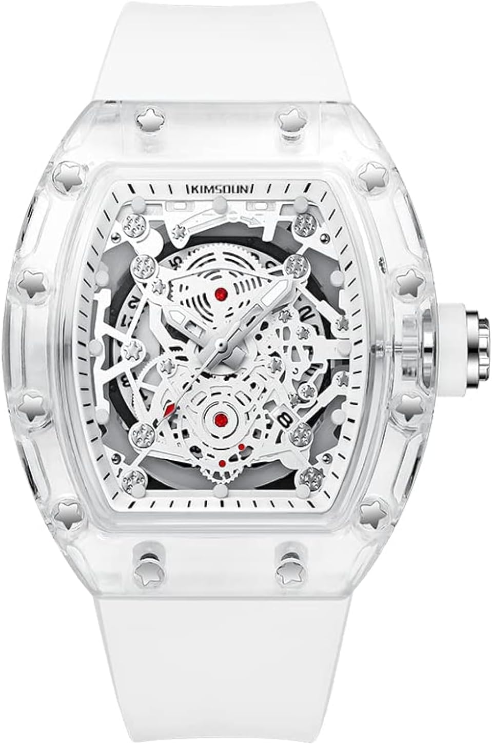 Stylish Skeleton Sport Watches, Waterproof, Analog Quartz Date Calendar Wristwatch, Transparent Tonneau Case Casual Watch, Silicone Strap for Men Unisex, White-White, Transparent , Skeleton.