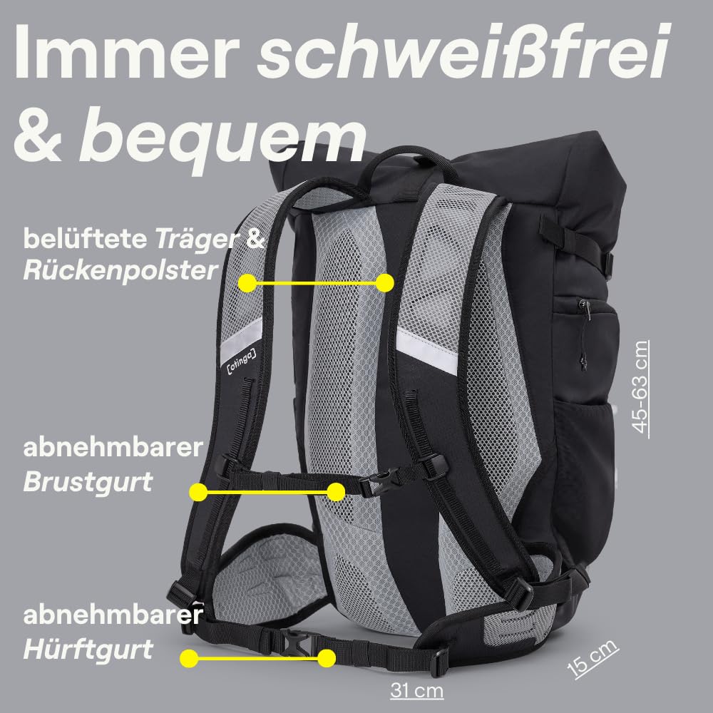 otinga® Flow Rolltop Rucksack Damen & Herren mit 23-27L Volumen & praktischem Laptop Rucksack Fach I Ideal als Fahrradrucksack ohne Gepäckträger I Reflektierender, wasserdichter Rucksack Herren