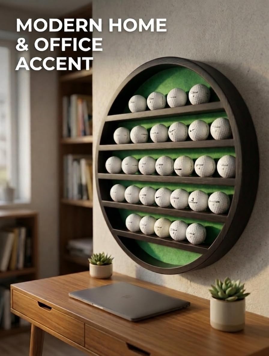 Golf Ball Display Case for 32 Balls – Modern Golf Decor ft. 18” Moon Shelf Design, Solid Wood, Wall Mounted, Dark Brown Finish – Golf Ball Holder & Display Cases for Collectibles image 5