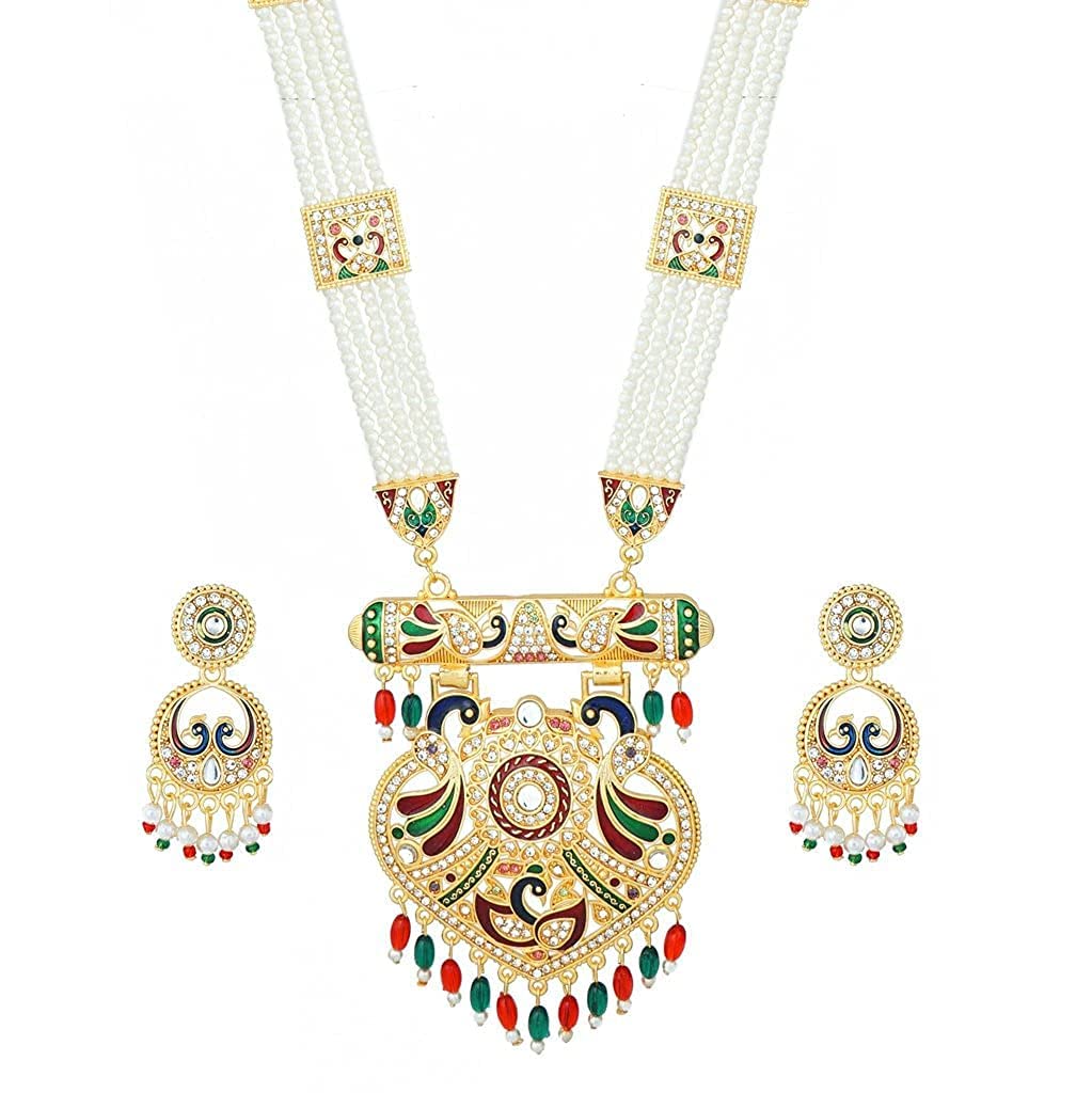 RHOSYN Artificial Imitation Jadau Jewellery Rajputana RajasthaniTraditional Ethnic Wear Gold Plated Peacock Style Pearl Beaded Rani Haar Necklace set Earring(MIBDDRHL9235F5DIL) (B0C142Z55B) Amazon Price History, Amazon Price Tracker