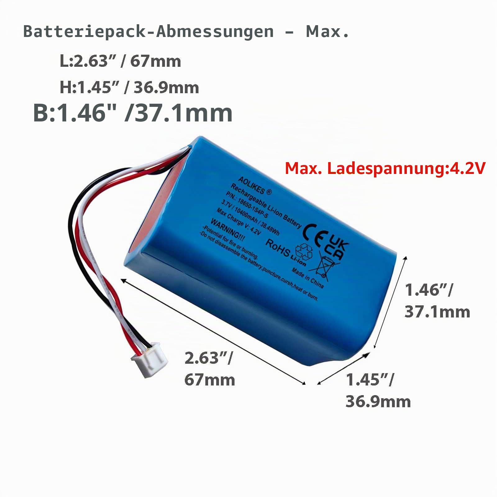 AOLIKES 3,7 V 18650 1s4p 10400 mAh Wiederaufladbarer Lithium-Ionen-Akku mit JST XH2,54/3P Kabel Anschluss Stecker, Quadratisch/Unterstützt Schnelles Laden