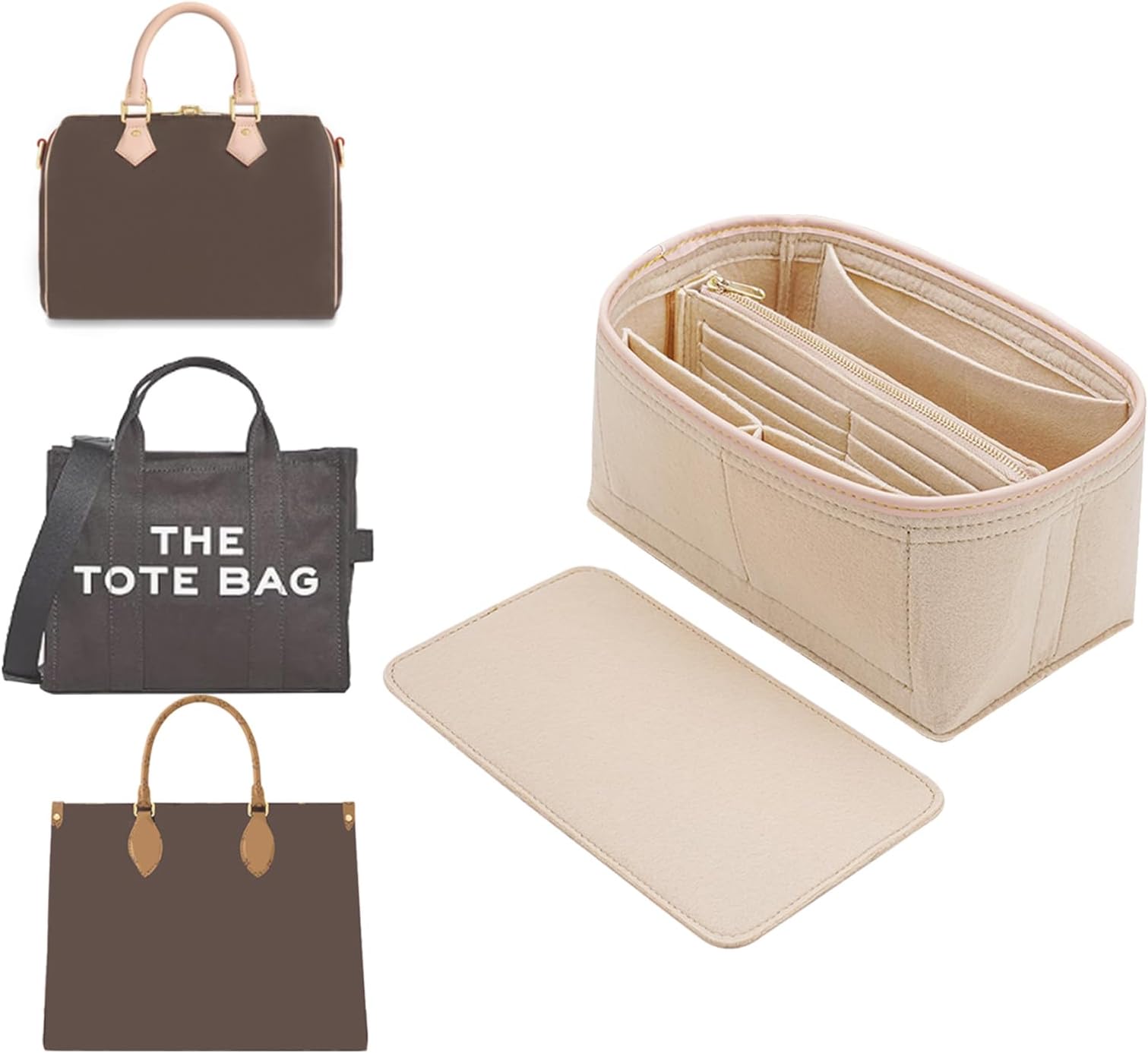 Purse Organizer & Base Shaper fit Speedy 25 & Neverfull PM, Felt Bag Organizer Insert for Handbags with Metal Zipper [Bag in Bag] (Medium, Beige)